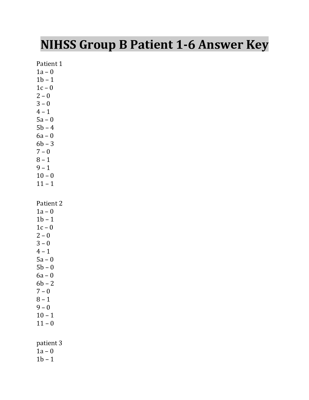 NIHSS Group B Patient 1-6 Answer Key - Scholarfriends